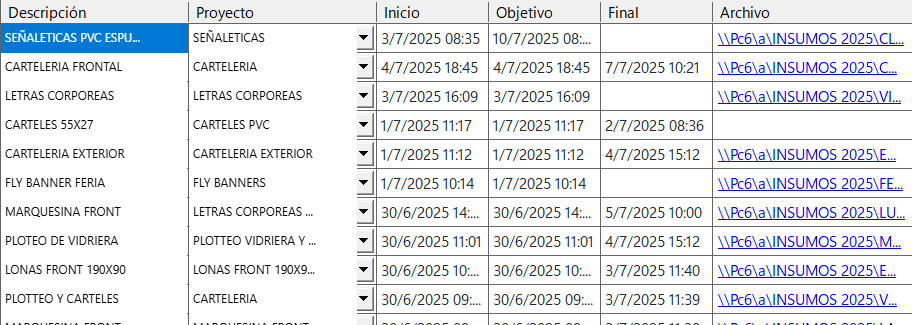 Detalle del listado de diseños: la columna Archivo con la ruta del diseño en cada fila